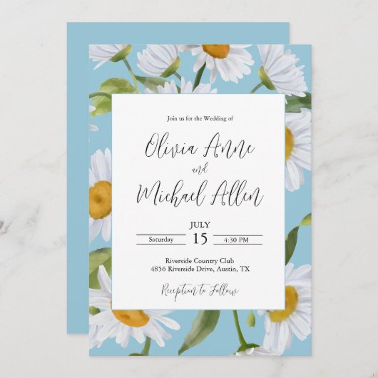 Blancs Aquarelle Bleu Faire-part de mariage (Devant / Derrière)