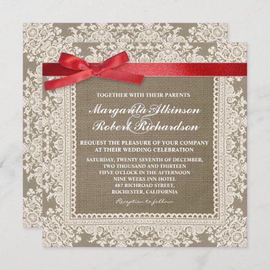 Blancs dentelle rouge arc & burap invitations de m (Devant / Derrière)