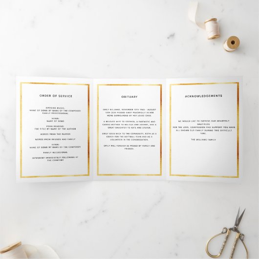 Blancs floral or photo tri-pli programme funéraire (Intérieur)