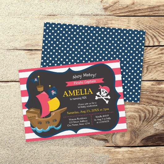 Blancs roses Pirate Ship Anniversaire Invitation