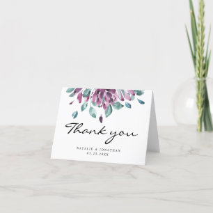 BLANK dank u bruiloft paarse waterverf bloemen Bedankkaart