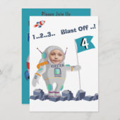 Blast off Astronaut Photo Template Rocket Birthday Kaart (Voorkant / Achterkant)