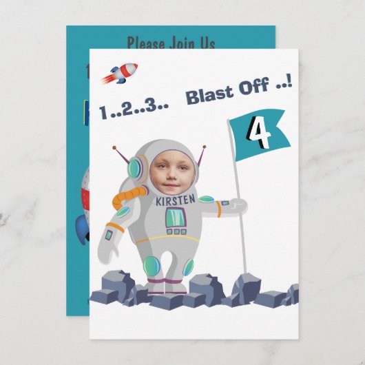 Blast off Astronaut Photo Template Rocket Birthday Kaart (Voorkant / Achterkant)
