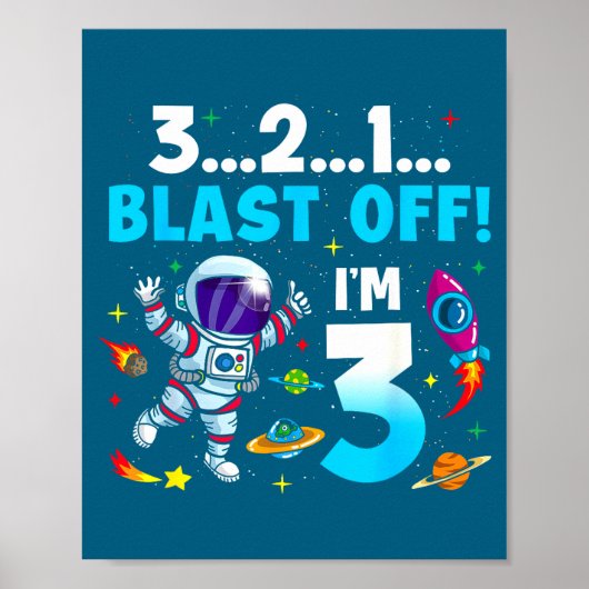 Blast Off I'm 3 Years Old 3rd Birthday Spaceship A Poster (Voorkant)