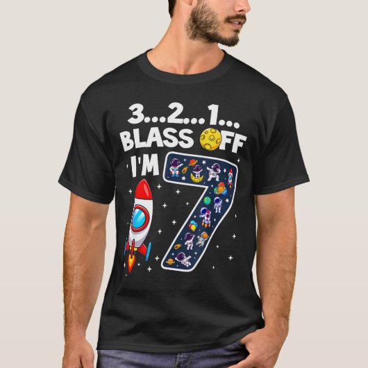 Blast Off I'm 7 Years Old 7th Birthday Spaceship A T-shirt (Voorkant)