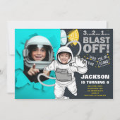 Blast Off Outer Space Astronaut Foto Verjaardag Kaart (Voorkant)