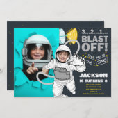 Blast Off Outer Space Astronaut Foto Verjaardag Kaart (Voorkant / Achterkant)