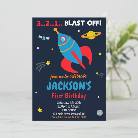 Blast off Outer space Invitation d'anniversaire de (Debout devant)