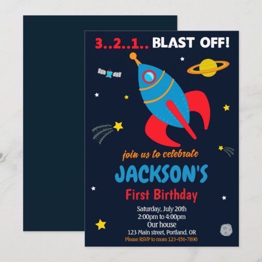 Blast off Outer space Invitation d'anniversaire de (Devant / Derrière)