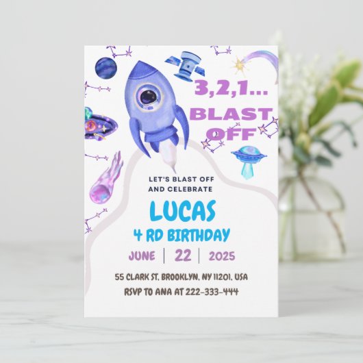 Blast Off Outer Space verjaardagsfeestje Kaart (Staand voorkant)