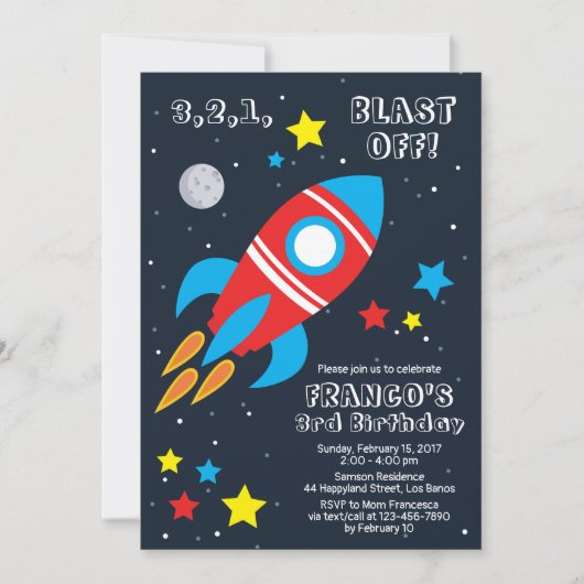 Blast off Rocket Shif Birthday Invitation Kaart (Voorkant)