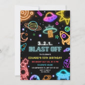 Blast Off Space Birthday Neon Outer Space Kids Kaart (Voorkant)