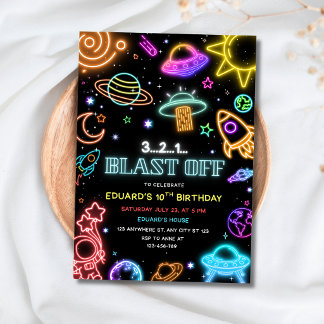Blast Off Space Birthday Neon Outer Space Kids Kaart