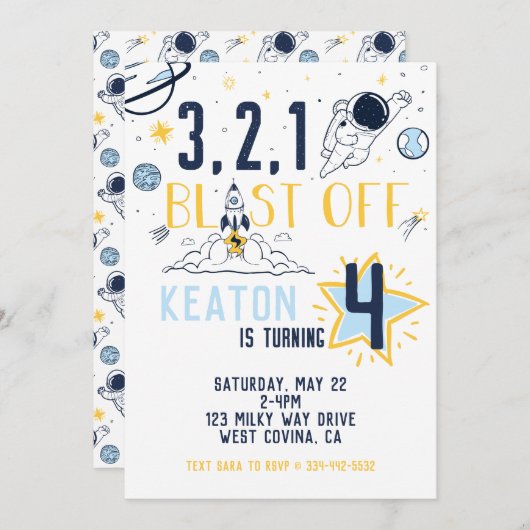 Blast Off Space Birthday Uitnodiging (Voorkant / Achterkant)