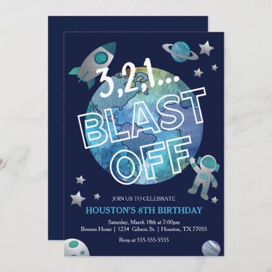 Blast Off Space Birthday Uitnodiging (Voorkant / Achterkant)