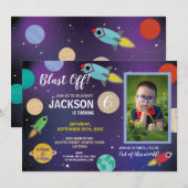 Blast Off Space Galaxy Verjaardag Party Rocket Fot Kaart (Voorkant / Achterkant)