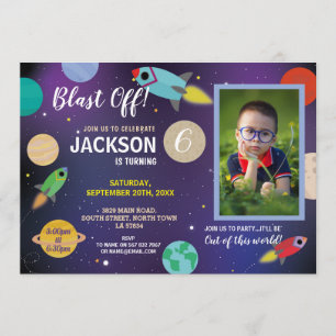 Blast Off Space Galaxy Verjaardag Party Rocket Fot Kaart