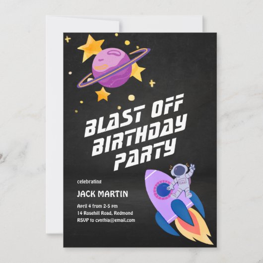 Blast Off Space Thème Anniversaire Invitation (Devant)
