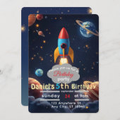 Blast Off Space verjaardagsfeestje uitnodiging | G (Voorkant / Achterkant)