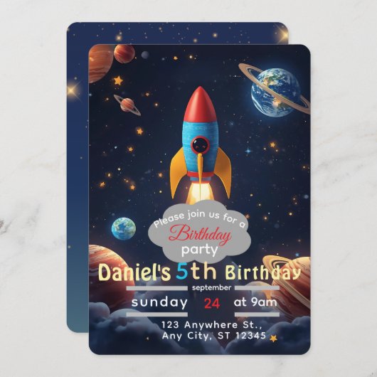 Blast Off Space verjaardagsfeestje uitnodiging | G (Voorkant / Achterkant)