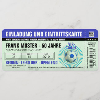 blaue Einladung und Eintrittskarte (Fußballticket) Kaart