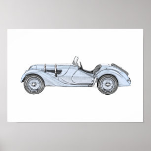  blauw 1936 BMW 328 potlood Stijltekening Poster