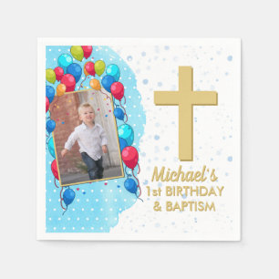 Blauw 1-jaars Baptisme Gold Text Fotocross Servet