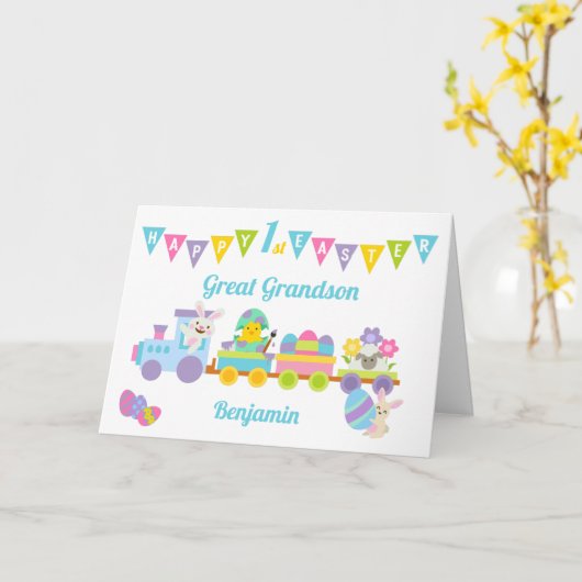 Blauw 1e Pasen Bunny Train achterkleinzoon Kaart (Gele Bloem)