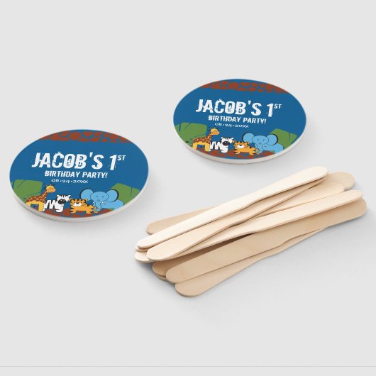 Blauw 1e Verjaardag Oerwoud Safari thema Handwaaier (Niet-gemonteerd)