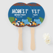 Blauw 1e Verjaardag Oerwoud Safari thema Handwaaier (Voorkant en achterkant)