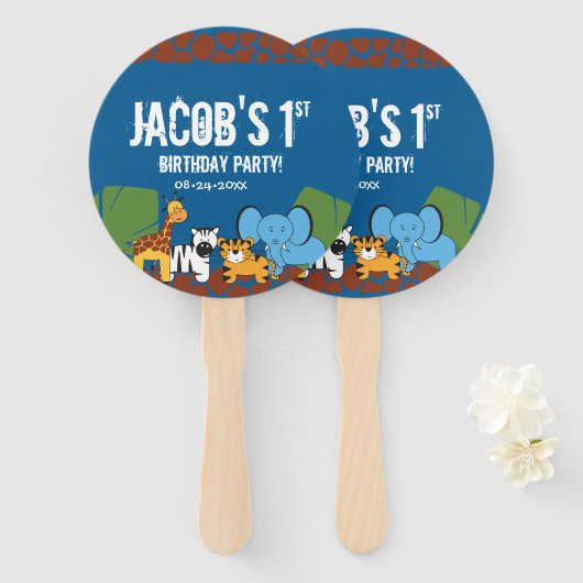 Blauw 1e Verjaardag Oerwoud Safari thema Handwaaier (Voorkant en achterkant)