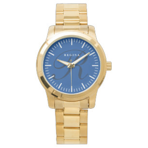 Blauw 40 mm wijzerplaat aangepaste monogram gouden horloge