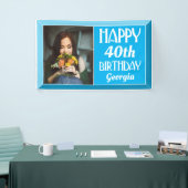 Blauw 40e Art Deco Beveled Foto Birthday Spandoek (Beurs)