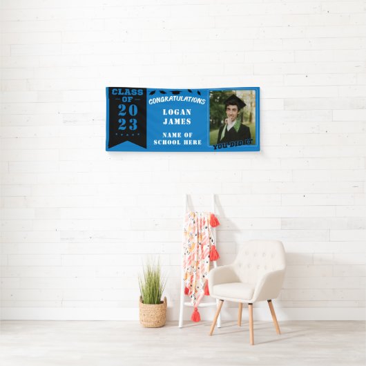 blauw aangepast afstuderen 2023 met naam en foto spandoek (Insitu)