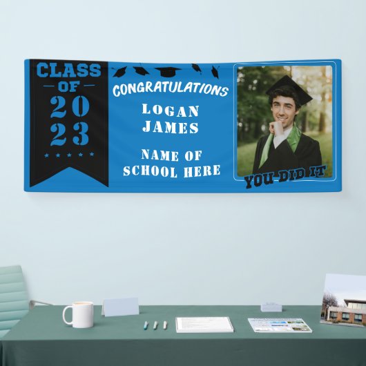 blauw aangepast afstuderen 2023 met naam en foto spandoek (Beurs)