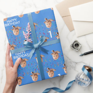 Blauw Aangepaste Gezichtsfoto Kinder 1e Verjaardag Cadeaupapier