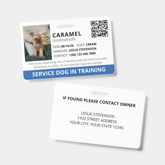 Blauw aangepaste QR-code servicehond in opleiding Badge (Voor- en achterkant)