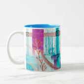 Blauw Abstract geometrisch helder roze rood Tweekleurige Koffiemok (Links)