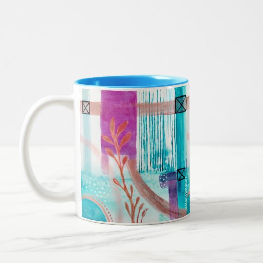 Blauw Abstract geometrisch helder roze rood Tweekleurige Koffiemok (Links)