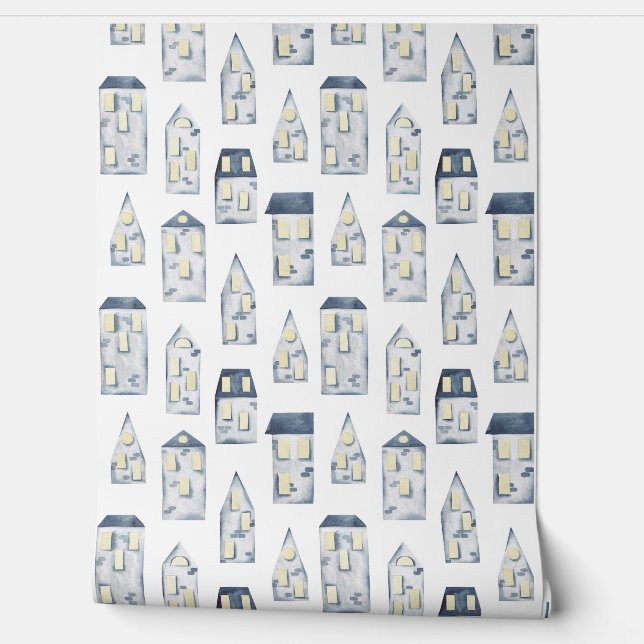 Blauw abstract lijnhuispatroon behang (Afrollen)