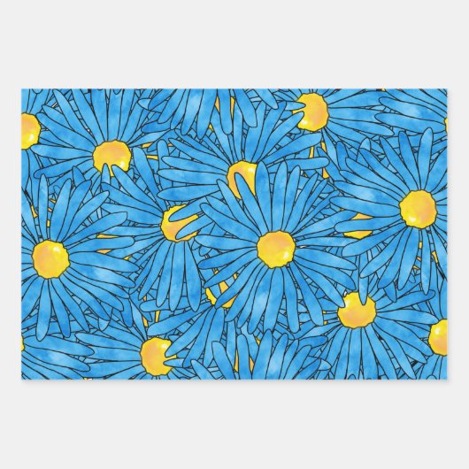 Blauw Abstract Pen & Waterverf Aster Patterns Inpakpapier Vel (Voorkant)