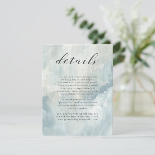 Blauw Abstract penseelstreken bruiloft details Informatiekaartje (Staand voorkant)