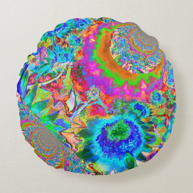 Blauw abstract schilderij van zonnebloempitten, wa rond kussen (Voorkant)