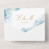 Blauw Abstract Waterverf Elegant Gouden Bruiloft All In One Uitnodiging (Achterkant)