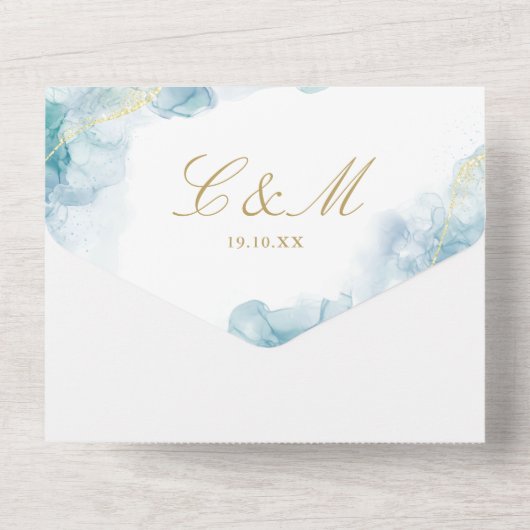 Blauw Abstract Waterverf Elegant Gouden Bruiloft All In One Uitnodiging (Achterkant)