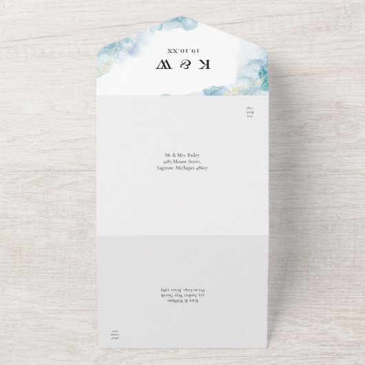 Blauw Abstract Waterverf Modern Bruiloft All In One Uitnodiging (Buitenkant)