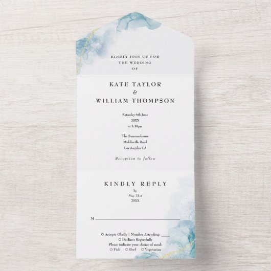 Blauw Abstract Waterverf Modern Bruiloft All In One Uitnodiging (Binnen)