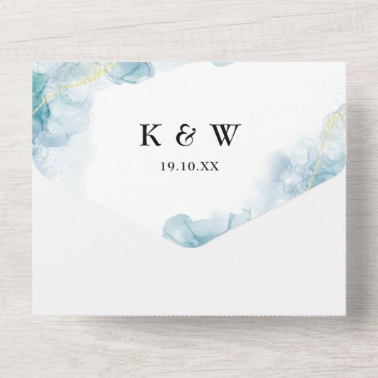 Blauw Abstract Waterverf Modern Bruiloft All In One Uitnodiging (Achterkant)