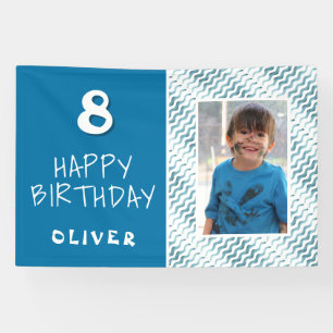 Blauw Abstract Wave Boy Foto Happy Birthday Spandoek