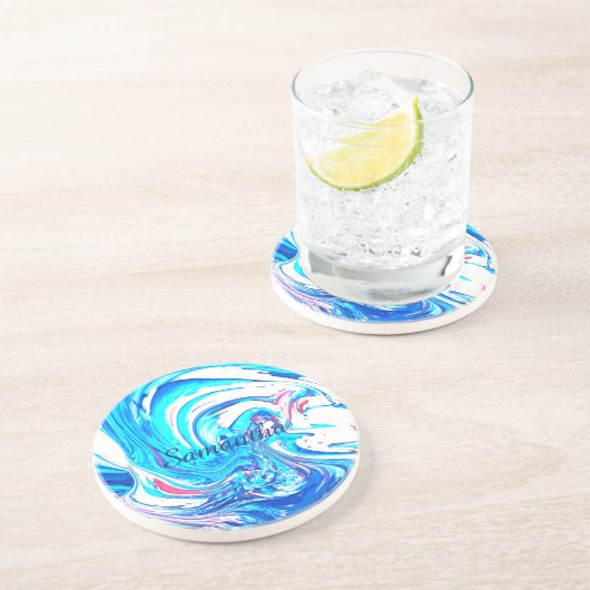 Blauw Acryl Schilderen Abstract Splatter Swirl Zandsteen Onderzetter (Zijkant)